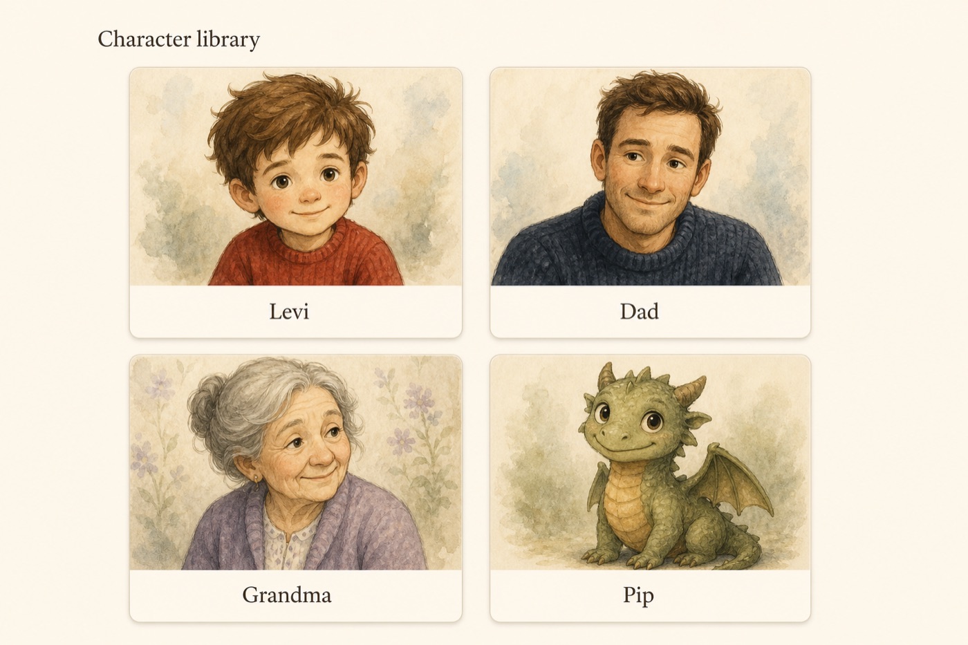 The Flickwick character library — illustrated looks for Levi, Dad, Grandma, and Pip