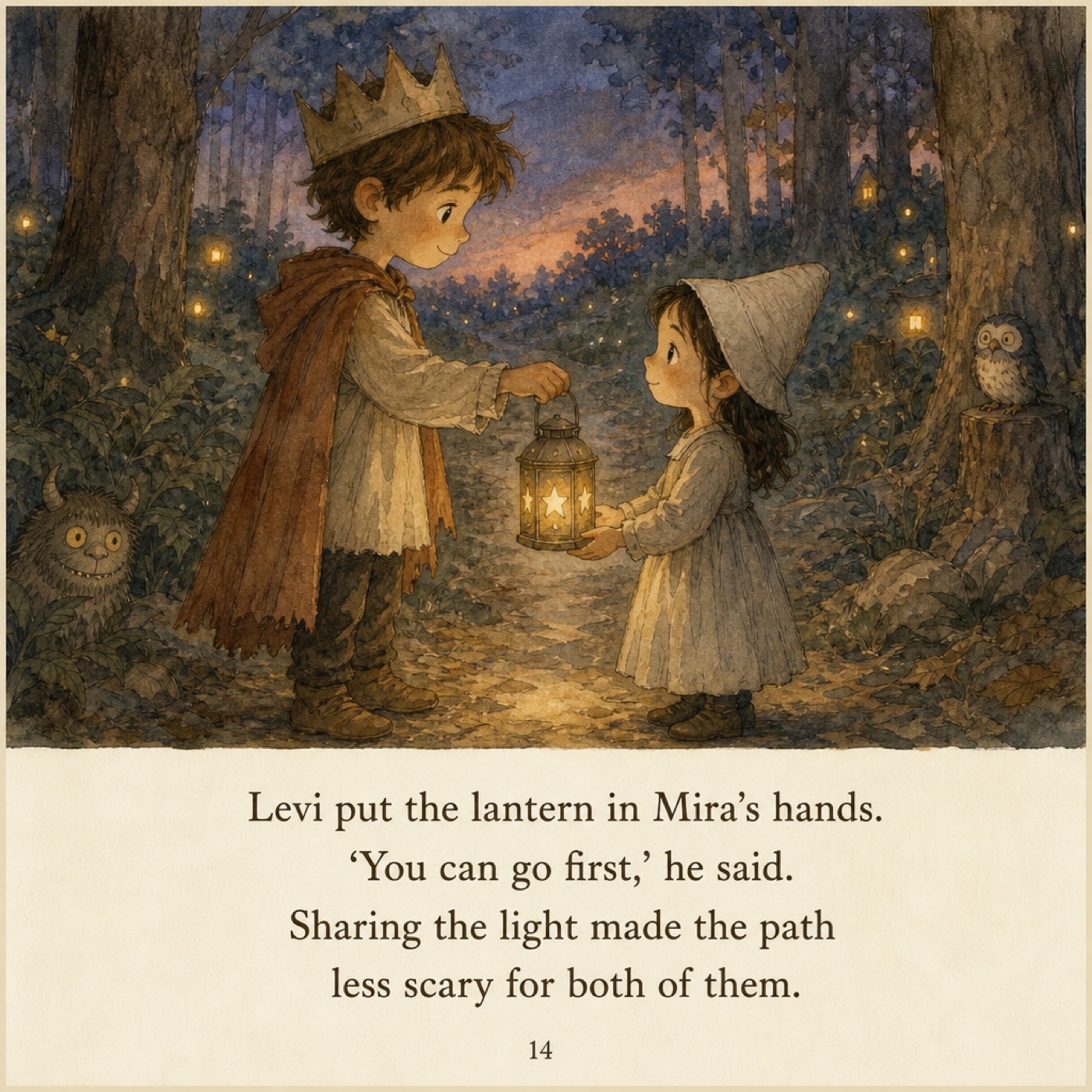 A picture-book page where a child shares a lantern — the lesson arriving through the story