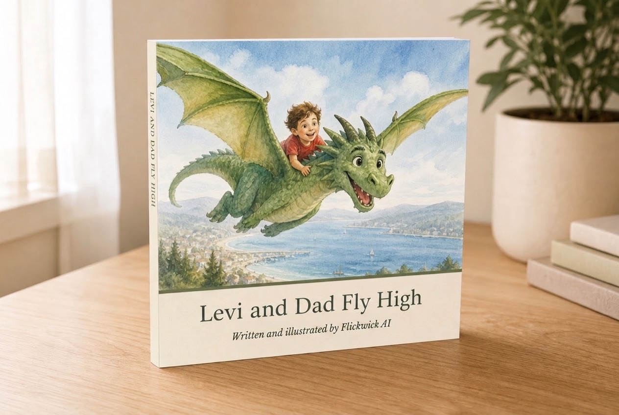 A printed Flickwick picture book standing on a table — a boy flying over the bay on the back of a green dragon