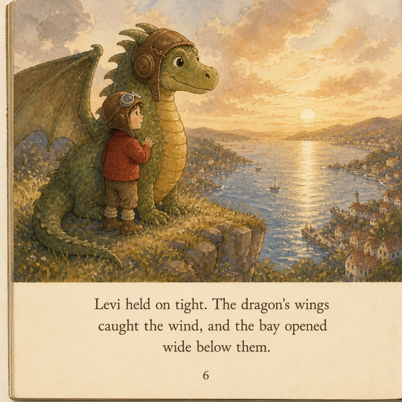 A picture-book page of a child flying with a dragon over the bay