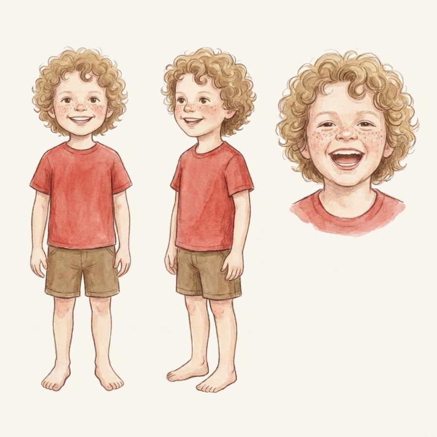 A watercolour character sheet of the same child, drawn in three views, keeping the curls, freckles and red t-shirt