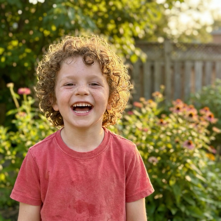 A photograph of a laughing child with curly hair and freckles, in a red t-shirt